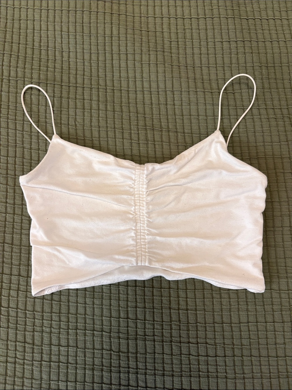 Aritzia White Ruched Satin Spaghetti Strap Crop Cami